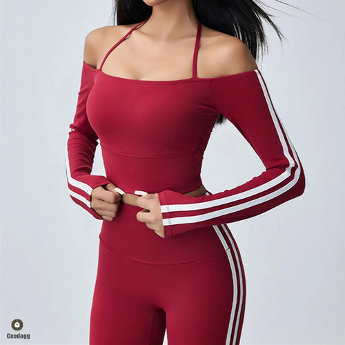 Pad Off Shoulder T-shirt Long Sleeved Yoga Top Female Sexy Tight Fitting Fitness Suit Sports Top Gym Running Running Shirt